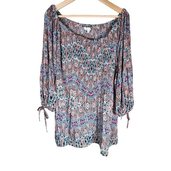 ROSE + OLIVE Red Orange Blue Lightweight Off Shoulder Boho Hippie Top SZ 2X - Picture 1 of 9